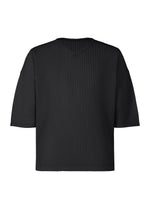 The MONTHLY COLORS : JULY by HOMME PLISSÉ ISSEY MIYAKE is a black, oversized short-sleeve V-neck top with vertical ribbing, made from quick-drying polyester and shown on a white background. - BLACK （no.15）