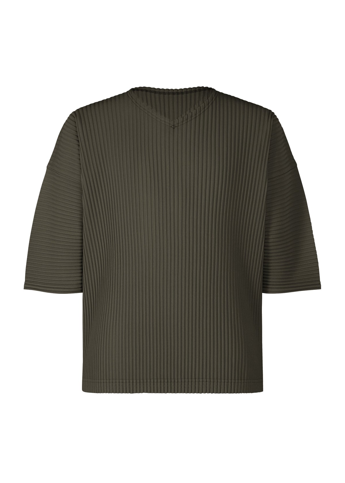 The HOMME PLISSÉ ISSEY MIYAKE MONTHLY COLORS : JULY top is a dark olive green, loose-fitting, short-sleeve V-neck with a ribbed, pleated texture in quick-drying polyester, shown against a plain white background. view 2 of 4