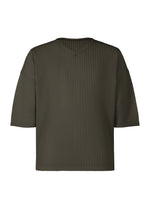 The HOMME PLISSÉ ISSEY MIYAKE MONTHLY COLORS : JULY top is a dark olive green, loose-fitting, short-sleeve V-neck with a ribbed, pleated texture in quick-drying polyester, shown against a plain white background. - SHADE GRAYISH BROWN （no.47）