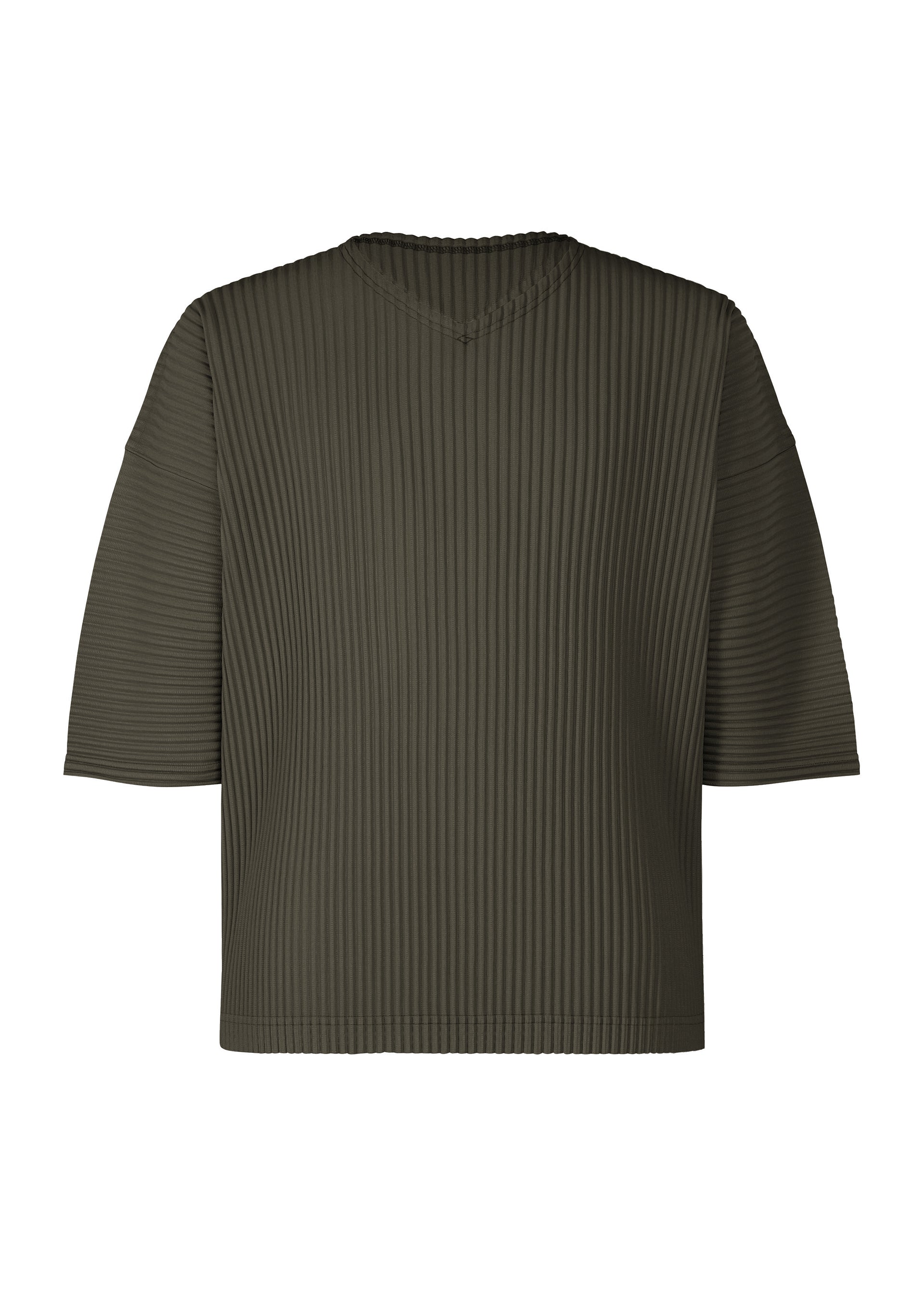 Zoomed view The HOMME PLISSÉ ISSEY MIYAKE MONTHLY COLORS : JULY top is a dark olive green, loose-fitting, short-sleeve V-neck with a ribbed, pleated texture in quick-drying polyester, shown against a plain white background. - SHADE GRAYISH BROWN （no.47）