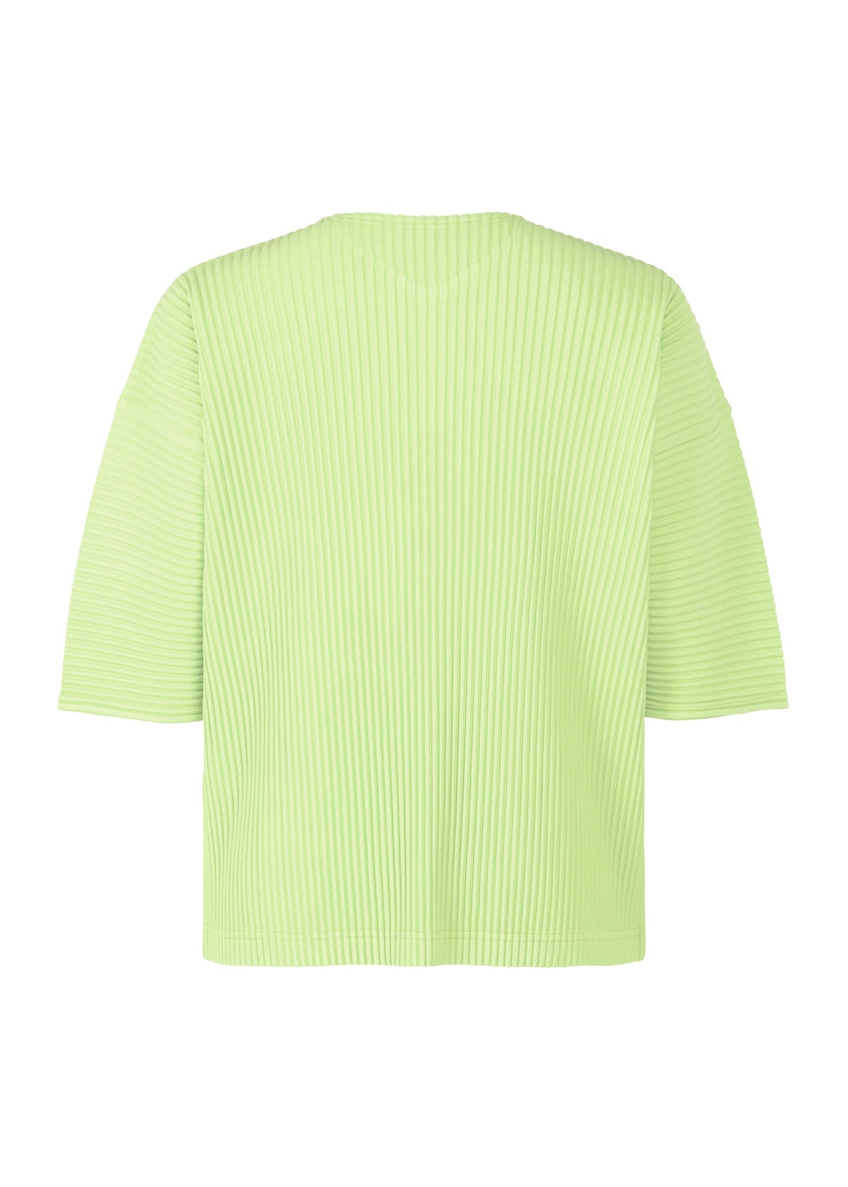 The HOMME PLISSÉ ISSEY MIYAKE MONTHLY COLORS : JULY top is shown in light green with short sleeves, ribbed V-neck, and vertical textured lines. The loose, lightweight fit is highlighted against a white background with the back view visible. view 3 of 4