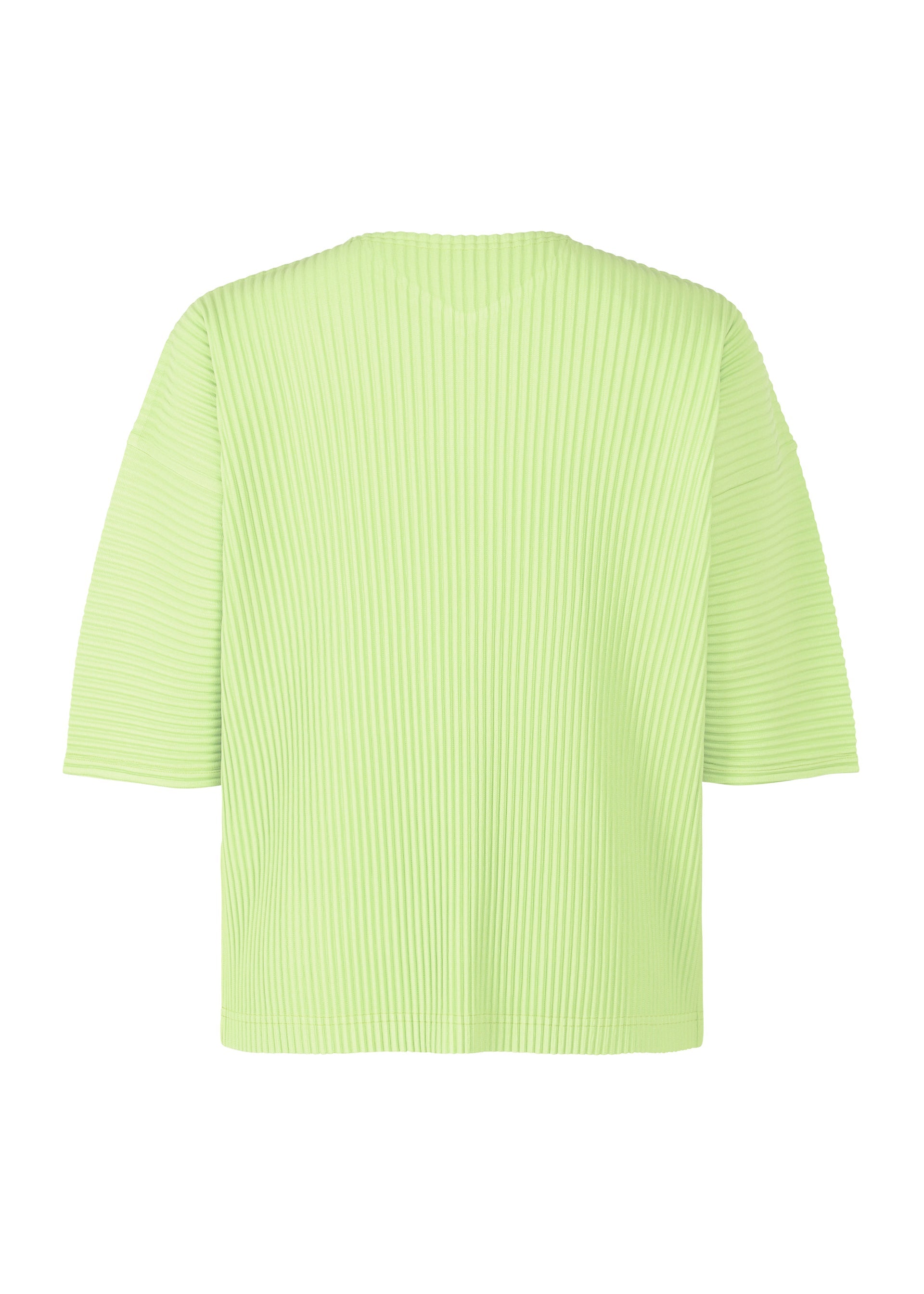 Zoomed view The HOMME PLISSÉ ISSEY MIYAKE MONTHLY COLORS : JULY top is shown in light green with short sleeves, ribbed V-neck, and vertical textured lines. The loose, lightweight fit is highlighted against a white background with the back view visible.