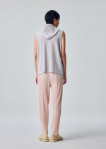 A person stands facing away, dressed in the HOMME PLISSÉ ISSEY MIYAKE MONTHLY COLORS : SEPTEMBER collection—a light gray sleeveless hoodie featuring vertically pleated, lightweight, quick-drying polyester—paired with light pink pleated pants and beige shoes, set against a plain light background.