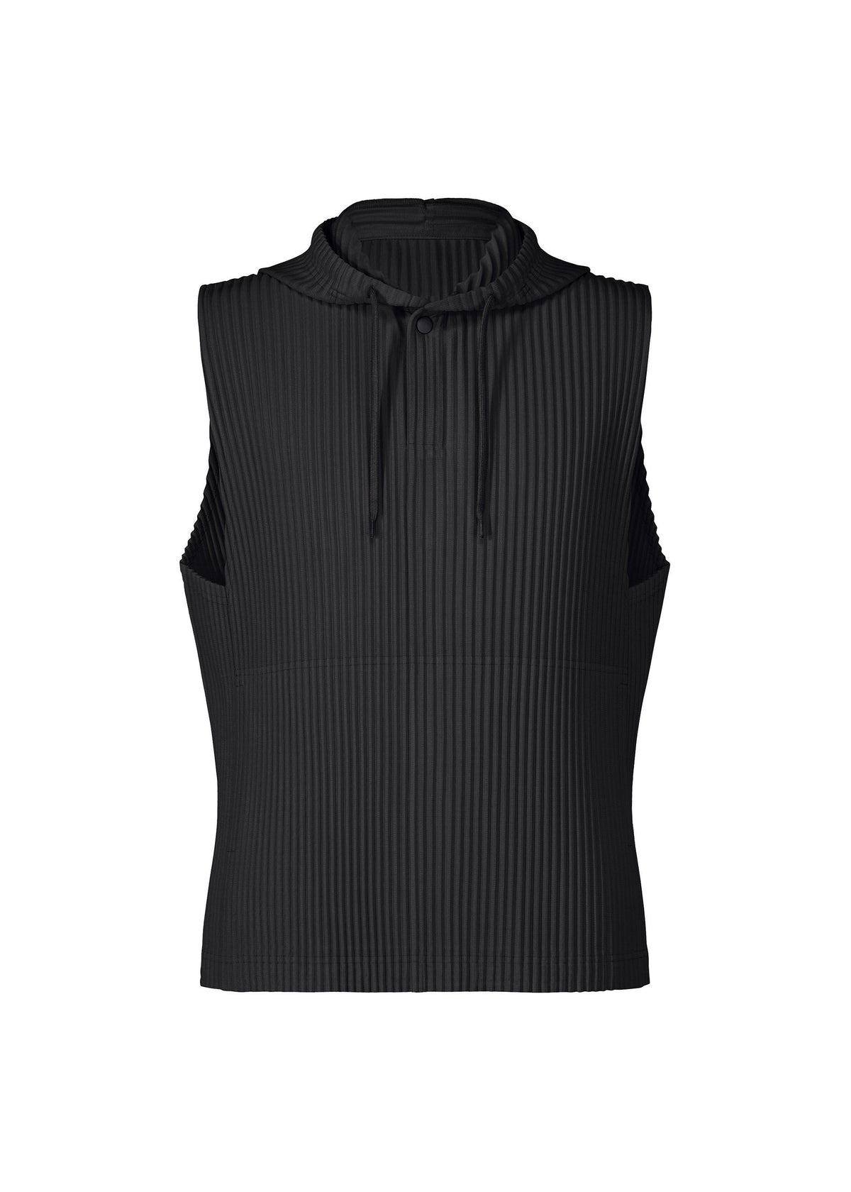 Introducing the MONTHLY COLORS : SEPTEMBER top by HOMME PLISSÉ ISSEY MIYAKE—a sleeveless black ribbed piece featuring a high neckline and drawstring detail. Crafted from lightweight, quick-drying polyester, its textured fabric and modern, minimalist design lend it a sleek, contemporary edge. view 1 of 7
