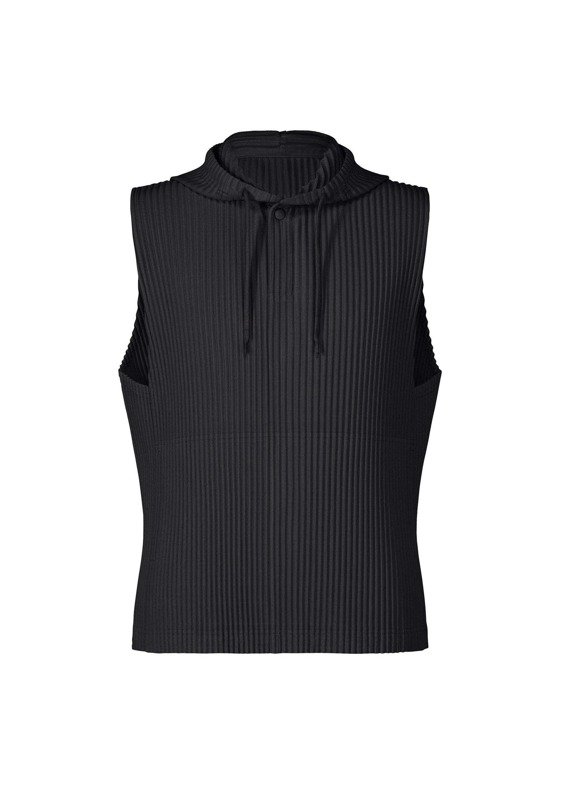 Zoomed view Introducing the MONTHLY COLORS : SEPTEMBER top by HOMME PLISSÉ ISSEY MIYAKE—a sleeveless black ribbed piece featuring a high neckline and drawstring detail. Crafted from lightweight, quick-drying polyester, its textured fabric and modern, minimalist design lend it a sleek, contemporary edge. - BLACK （no.15）