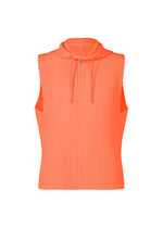 Sleeveless, ribbed orange hoodie from the MONTHLY COLORS : SEPTEMBER collection by HOMME PLISSÉ ISSEY MIYAKE, crafted from lightweight, quick-drying polyester with a drawstring at the neck, shown on a white background. - FLASH ORANGE （no.33）
