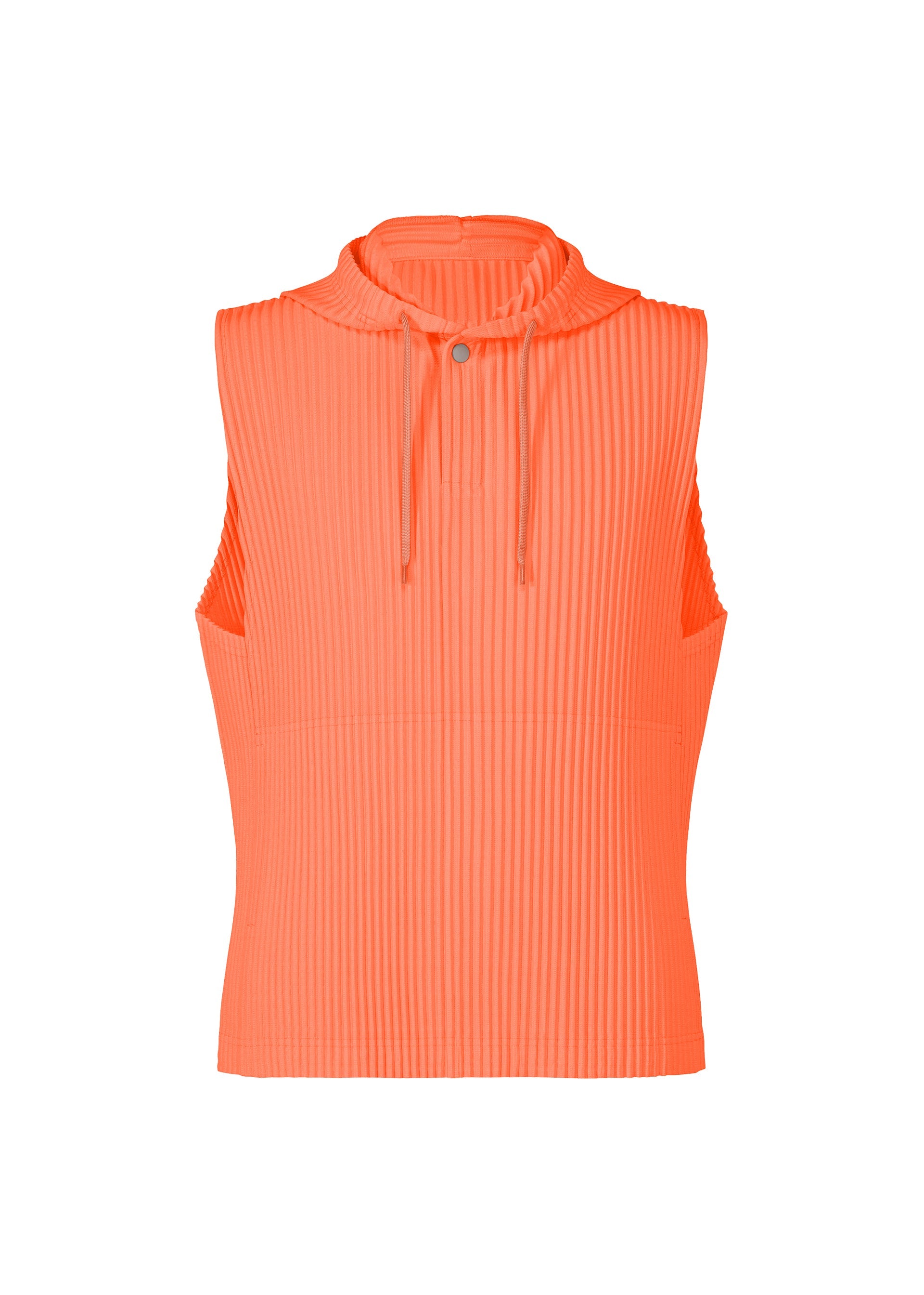 Zoomed view Sleeveless, ribbed orange hoodie from the MONTHLY COLORS : SEPTEMBER collection by HOMME PLISSÉ ISSEY MIYAKE, crafted from lightweight, quick-drying polyester with a drawstring at the neck, shown on a white background. - FLASH ORANGE （no.33）