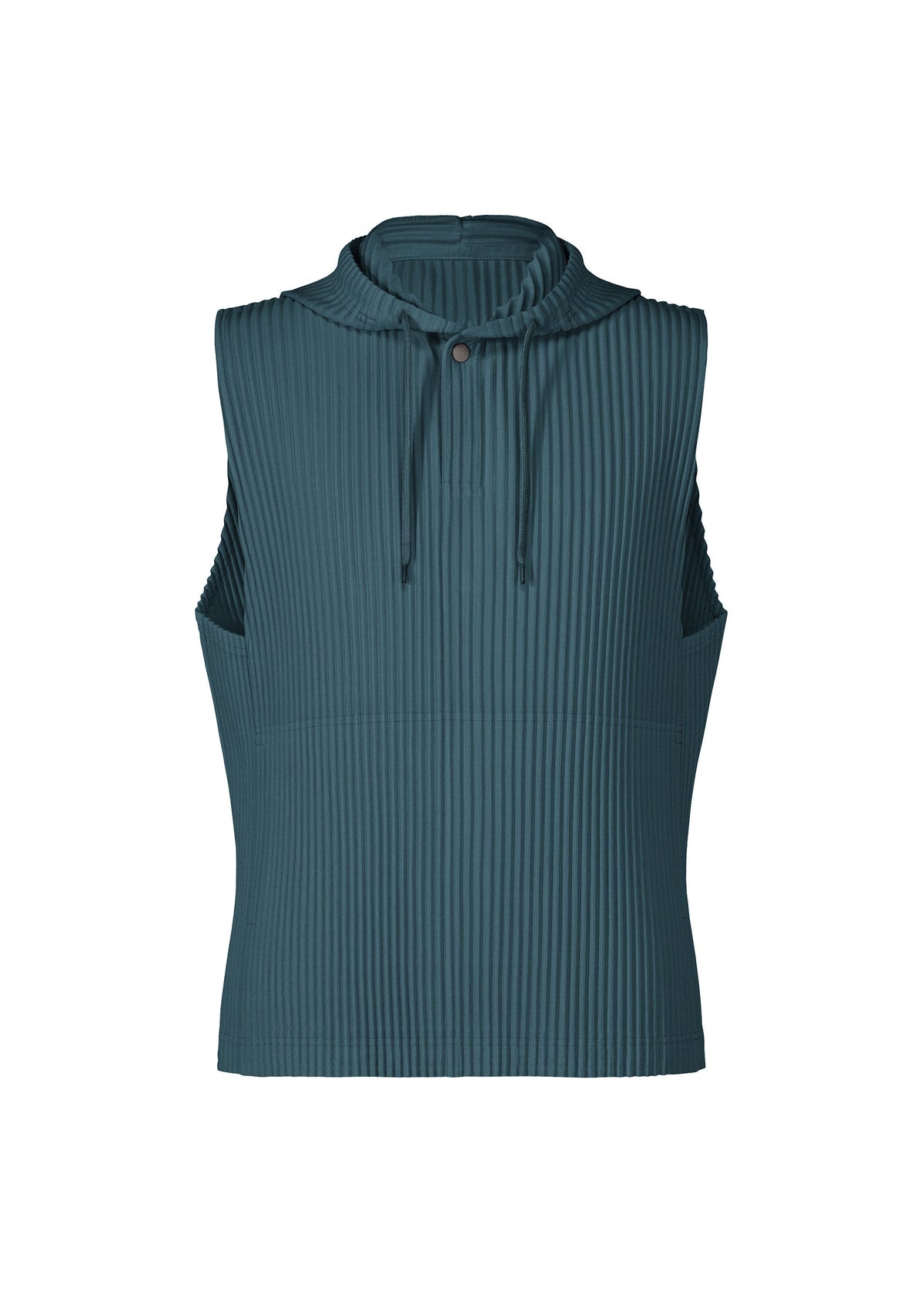 Lightweight and quick-drying, the MONTHLY COLORS : SEPTEMBER sleeveless ribbed hoodie by HOMME PLISSÉ ISSEY MIYAKE is crafted from teal polyester with a drawstring and snap button at the collar, featuring a structured, textured fabric. view 3 of 7