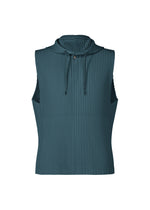 Lightweight and quick-drying, the MONTHLY COLORS : SEPTEMBER sleeveless ribbed hoodie by HOMME PLISSÉ ISSEY MIYAKE is crafted from teal polyester with a drawstring and snap button at the collar, featuring a structured, textured fabric. - SHADOW BLUE （no.76）