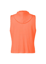 MONTHLY COLORS : SEPTEMBER by HOMME PLISSÉ ISSEY MIYAKE—a sleeveless, ribbed orange hooded top is displayed from the back against a white background. Crafted from lightweight, quick-drying polyester, the fabric features a vertically textured appearance.
