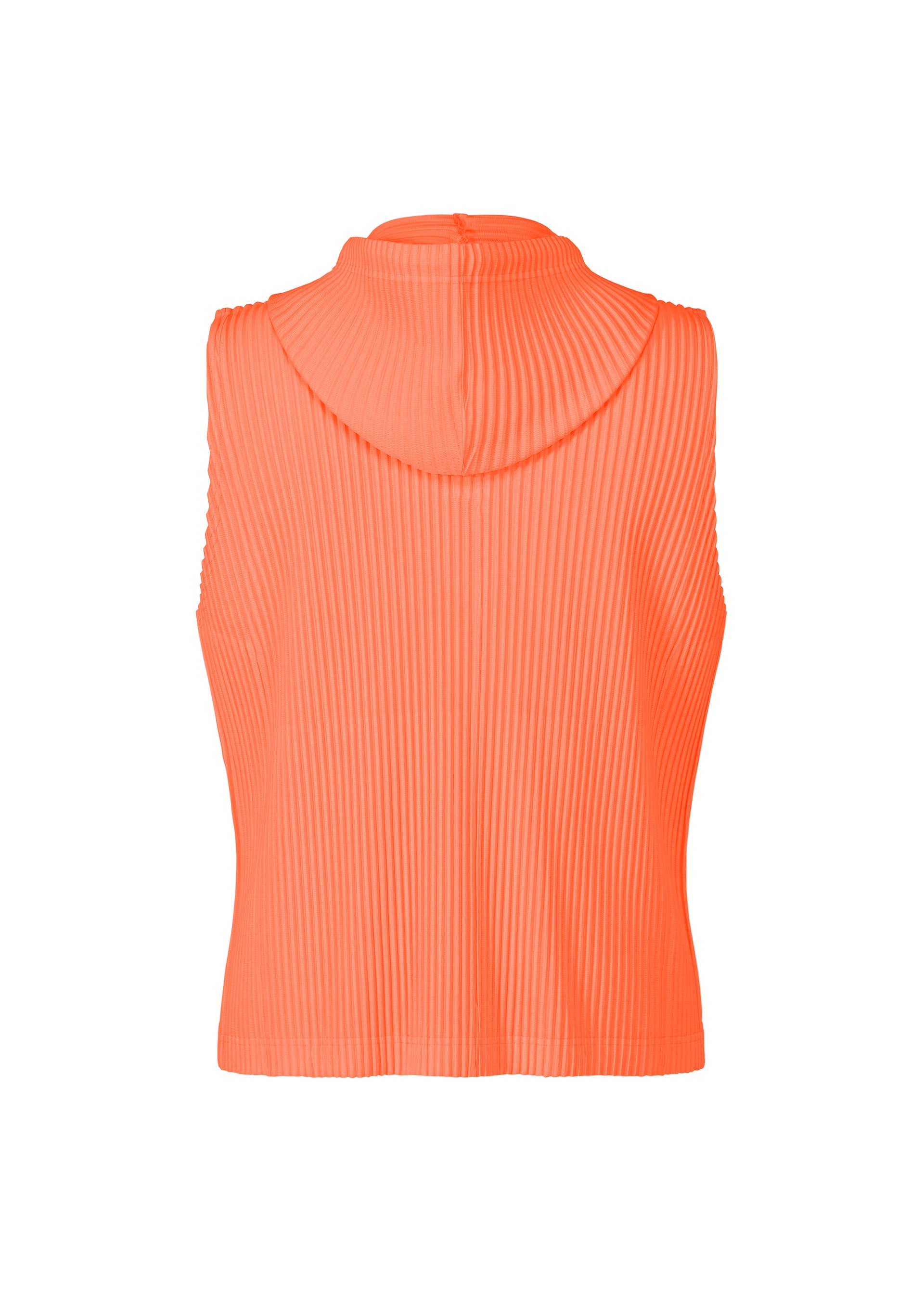 Zoomed view MONTHLY COLORS : SEPTEMBER by HOMME PLISSÉ ISSEY MIYAKE—a sleeveless, ribbed orange hooded top is displayed from the back against a white background. Crafted from lightweight, quick-drying polyester, the fabric features a vertically textured appearance.
