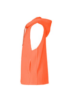 Here’s a rewritten sentence using the provided product and brand information: The MONTHLY COLORS : SEPTEMBER sleeveless hoodie by HOMME PLISSÉ ISSEY MIYAKE, shown from the side against a white background, features a bright orange hue, lightweight quick-drying polyester with a ribbed texture, and includes a front pocket.