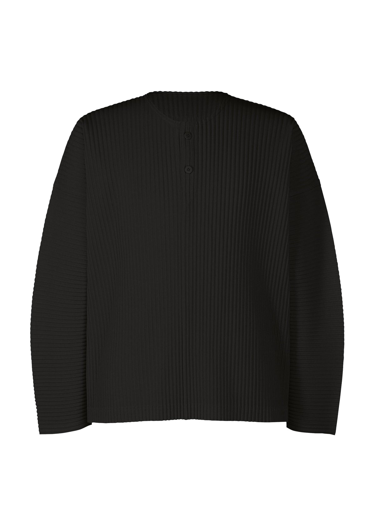 MONTHLY COLORS : SEPTEMBER by HOMME PLISSÉ ISSEY MIYAKE is a black, long-sleeved top featuring a ribbed henley-neck with a round neckline and two buttons at the center. Made from quick-drying polyester, this shirt offers a relaxed fit and minimalistic design—ideal for effortless layering in any season. view 1 of 7