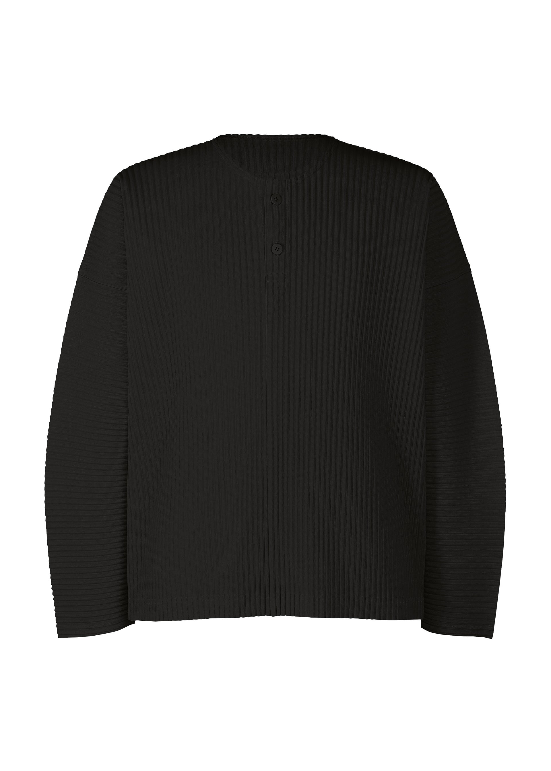 Zoomed view MONTHLY COLORS : SEPTEMBER by HOMME PLISSÉ ISSEY MIYAKE is a black, long-sleeved top featuring a ribbed henley-neck with a round neckline and two buttons at the center. Made from quick-drying polyester, this shirt offers a relaxed fit and minimalistic design—ideal for effortless layering in any season. - BLACK （no.15）
