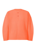 The MONTHLY COLORS : SEPTEMBER top by HOMME PLISSÉ ISSEY MIYAKE is a bright orange, long-sleeve pullover featuring fine pleats, a round neckline with two buttons inspired by the classic henley style. Made from quick-drying, vertically ribbed polyester, it’s ideal for layering and has no visible logos or patterns. - FLASH ORANGE （no.33）