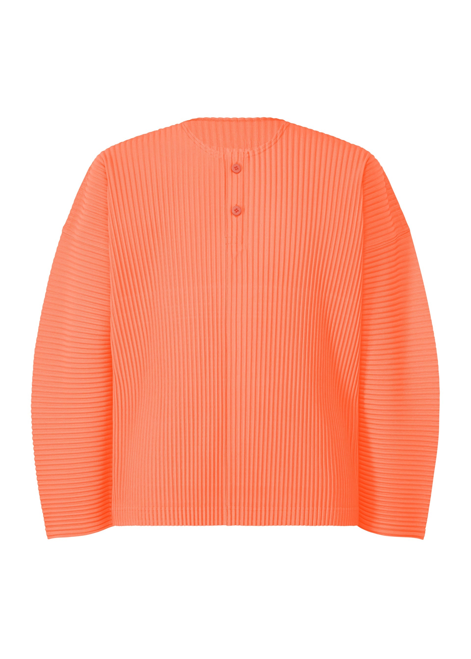 Zoomed view The MONTHLY COLORS : SEPTEMBER top by HOMME PLISSÉ ISSEY MIYAKE is a bright orange, long-sleeve pullover featuring fine pleats, a round neckline with two buttons inspired by the classic henley style. Made from quick-drying, vertically ribbed polyester, it’s ideal for layering and has no visible logos or patterns. - FLASH ORANGE （no.33）