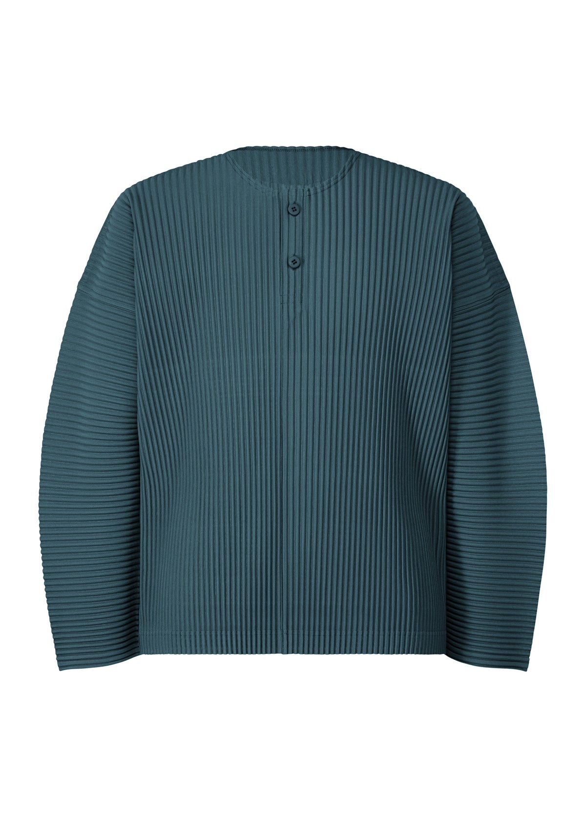 A teal long-sleeve henley-neck top from the “MONTHLY COLORS : SEPTEMBER” collection by HOMME PLISSÉ ISSEY MIYAKE, featuring vertical pleats, a round neckline, and two buttons on the upper chest. Crafted from quick-drying polyester with a structured, textured finish—ideal for layering in transitional weather. view 3 of 7