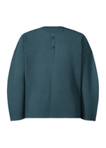 A teal long-sleeve henley-neck top from the “MONTHLY COLORS : SEPTEMBER” collection by HOMME PLISSÉ ISSEY MIYAKE, featuring vertical pleats, a round neckline, and two buttons on the upper chest. Crafted from quick-drying polyester with a structured, textured finish—ideal for layering in transitional weather. - SHADOW BLUE （no.76）