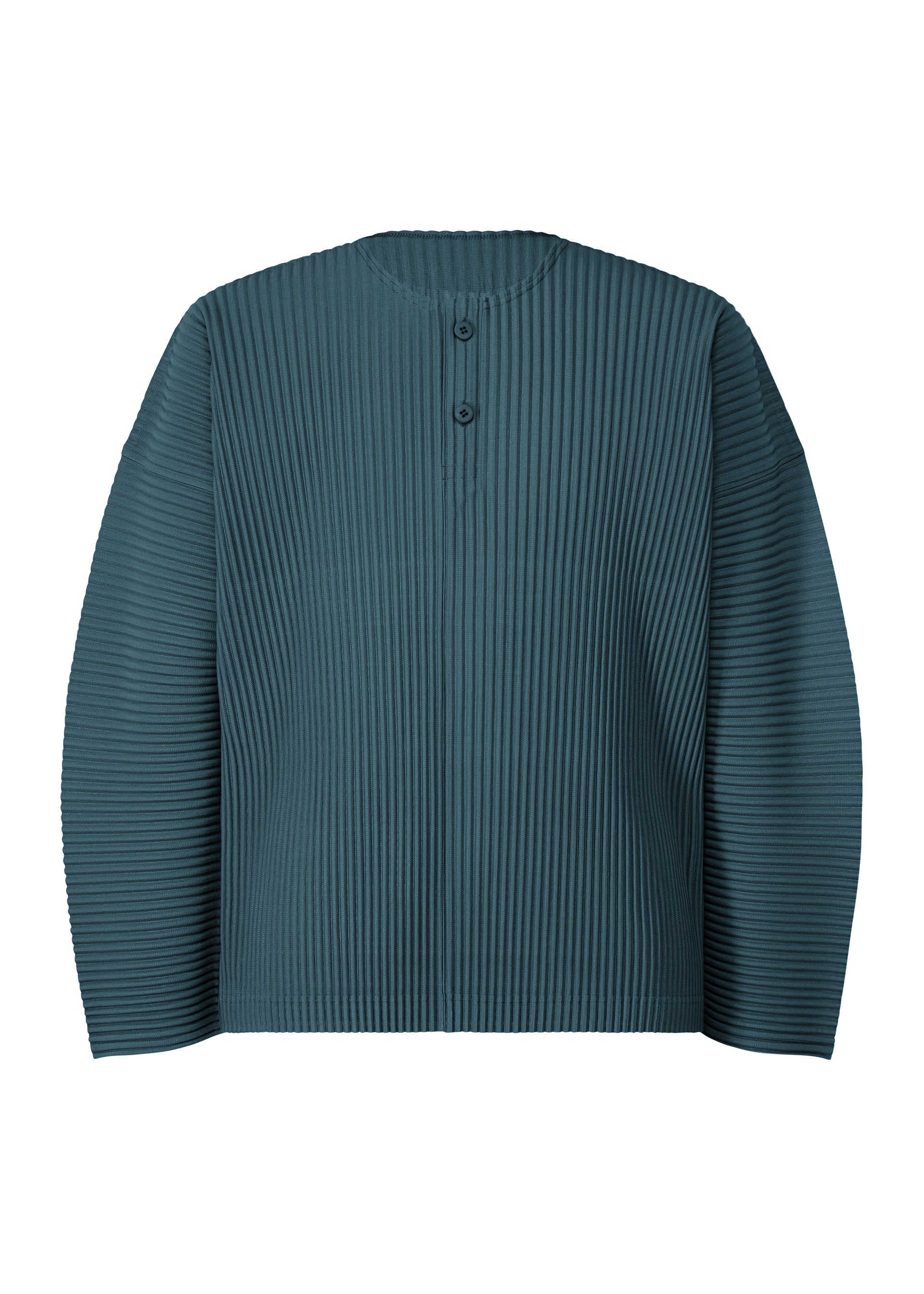 Zoomed view A teal long-sleeve henley-neck top from the “MONTHLY COLORS : SEPTEMBER” collection by HOMME PLISSÉ ISSEY MIYAKE, featuring vertical pleats, a round neckline, and two buttons on the upper chest. Crafted from quick-drying polyester with a structured, textured finish—ideal for layering in transitional weather. - SHADOW BLUE （no.76）