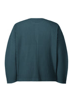 A teal, long-sleeved pleated henley-neck top from HOMME PLISSÉ ISSEY MIYAKE’s MONTHLY COLORS : SEPTEMBER collection is shown from the back against a plain white background. Made from quick-drying polyester, the fabric features evenly spaced vertical pleats that create a textured, modern aesthetic—ideal for layering in any season.
