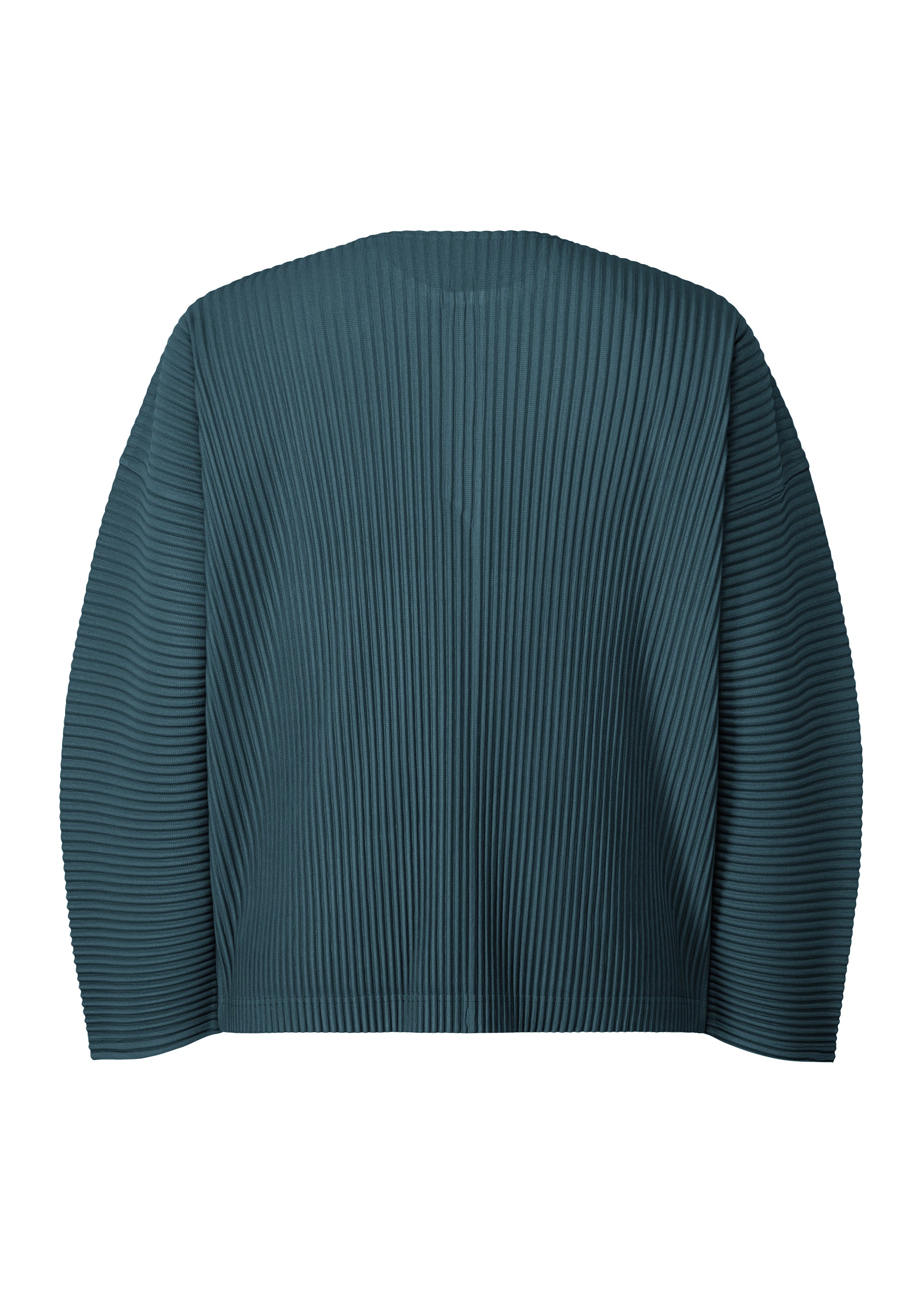 Zoomed view A teal, long-sleeved pleated henley-neck top from HOMME PLISSÉ ISSEY MIYAKE’s MONTHLY COLORS : SEPTEMBER collection is shown from the back against a plain white background. Made from quick-drying polyester, the fabric features evenly spaced vertical pleats that create a textured, modern aesthetic—ideal for layering in any season.