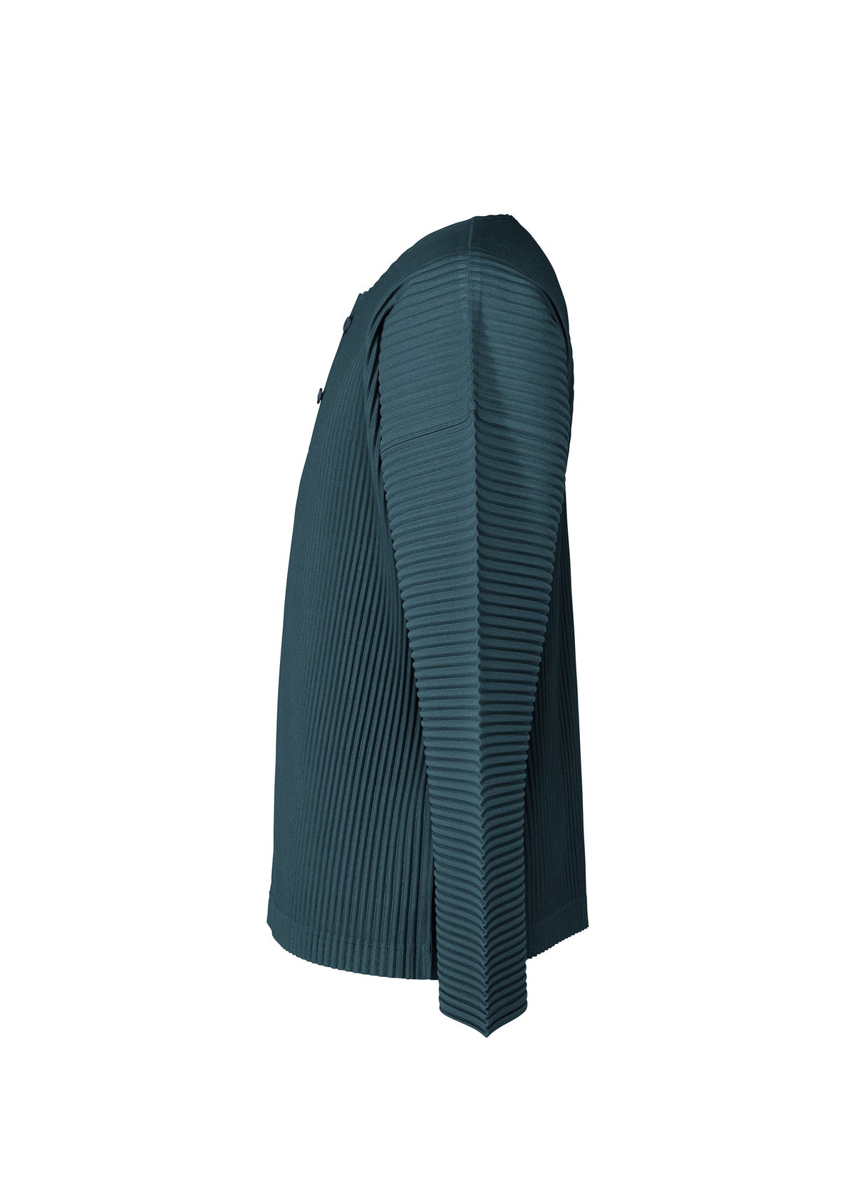Side view of the HOMME PLISSÉ ISSEY MIYAKE “MONTHLY COLORS : SEPTEMBER” long-sleeved henley-neck top in teal, featuring vertical pleats and a ribbed texture. Displayed on a white background, the quick-drying polyester fabric fits closely along the sleeves and torso, making it ideal for layering. view 5 of 7