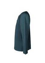 Side view of the HOMME PLISSÉ ISSEY MIYAKE “MONTHLY COLORS : SEPTEMBER” long-sleeved henley-neck top in teal, featuring vertical pleats and a ribbed texture. Displayed on a white background, the quick-drying polyester fabric fits closely along the sleeves and torso, making it ideal for layering.