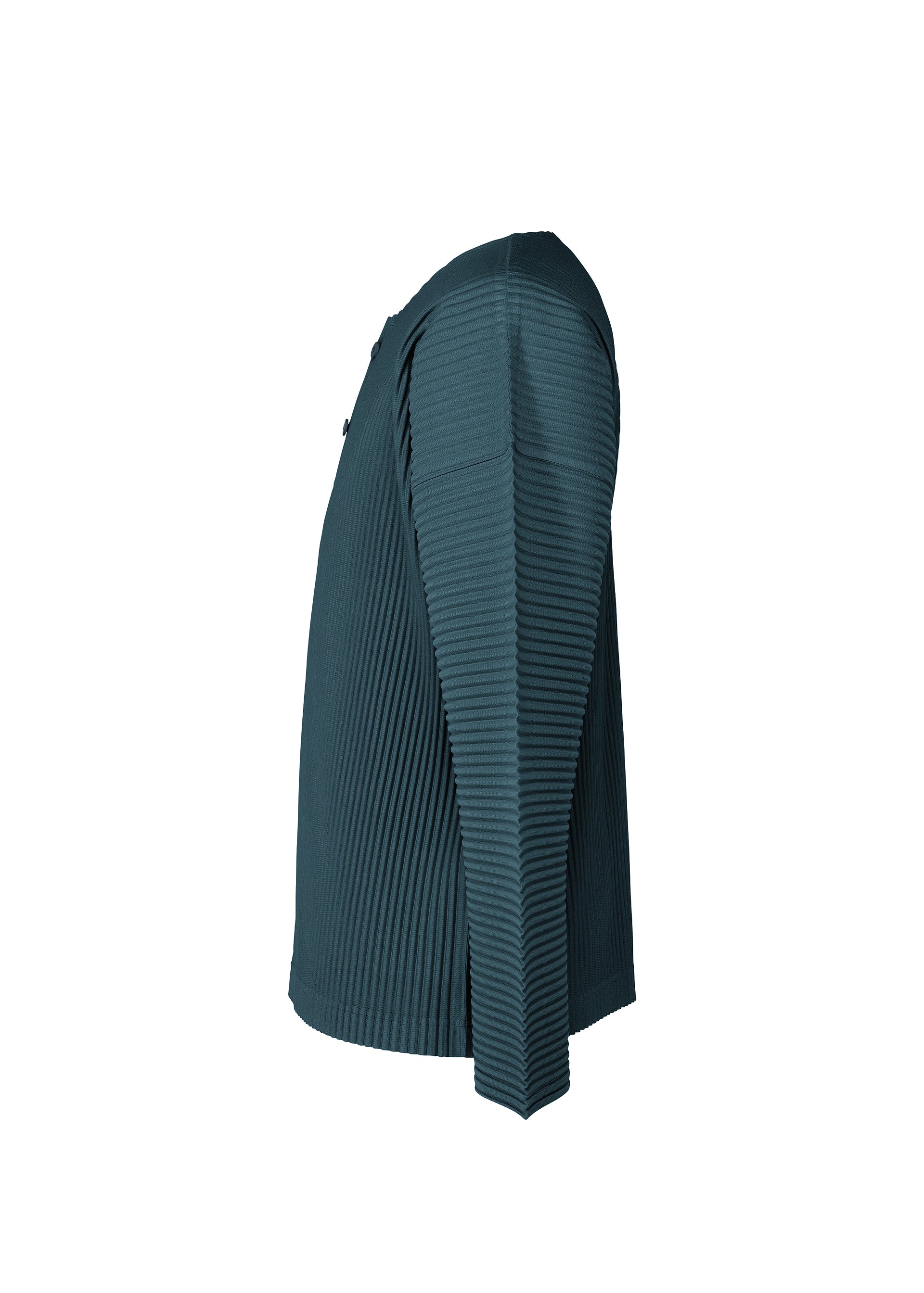 Zoomed view Side view of the HOMME PLISSÉ ISSEY MIYAKE “MONTHLY COLORS : SEPTEMBER” long-sleeved henley-neck top in teal, featuring vertical pleats and a ribbed texture. Displayed on a white background, the quick-drying polyester fabric fits closely along the sleeves and torso, making it ideal for layering.
