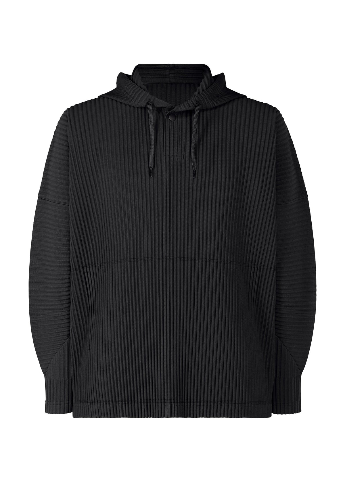 Zoomed view The MONTHLY COLORS : OCTOBER hoodie by HOMME PLISSÉ ISSEY MIYAKE features vertical and horizontal ribbing, quick-drying polyester, a drawstring hood, and kangaroo pocket—ideal for cozy fall-winter wear. - BLACK （no.15）