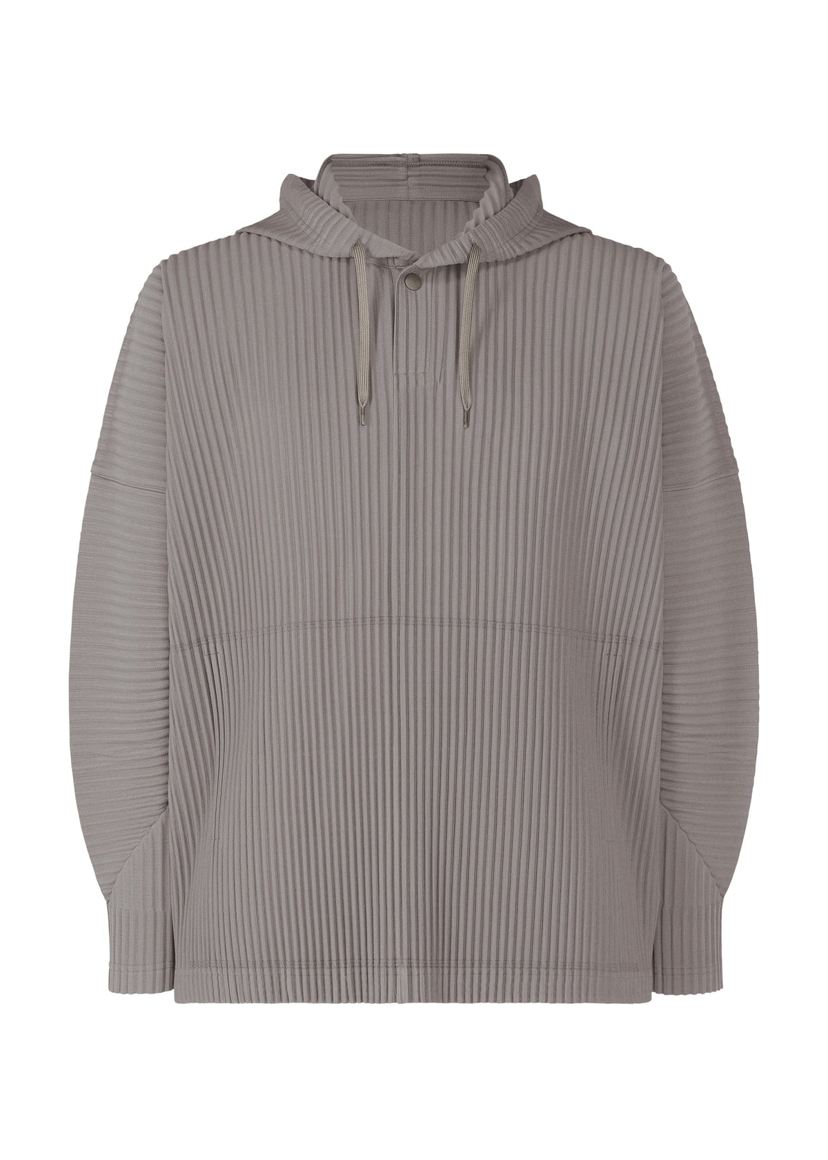The MONTHLY COLORS : OCTOBER hoodie by HOMME PLISSÉ ISSEY MIYAKE is a light grey, ribbed, quick-drying polyester long-sleeve with a front pocket and drawstring hood—ideal for fall and winter. view 2 of 7