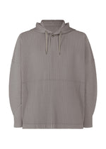 The MONTHLY COLORS : OCTOBER hoodie by HOMME PLISSÉ ISSEY MIYAKE is a light grey, ribbed, quick-drying polyester long-sleeve with a front pocket and drawstring hood—ideal for fall and winter. - DIM GRAY （no.18）