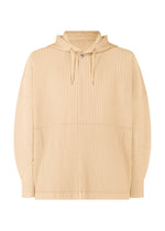 The MONTHLY COLORS : OCTOBER hoodie by HOMME PLISSÉ ISSEY MIYAKE is a beige, ribbed, long-sleeve polyester top with front pocket, drawstring hood, and relaxed fit—ideal fall/winter outerwear shown on a white background. - GLOW CREAM （no.42）