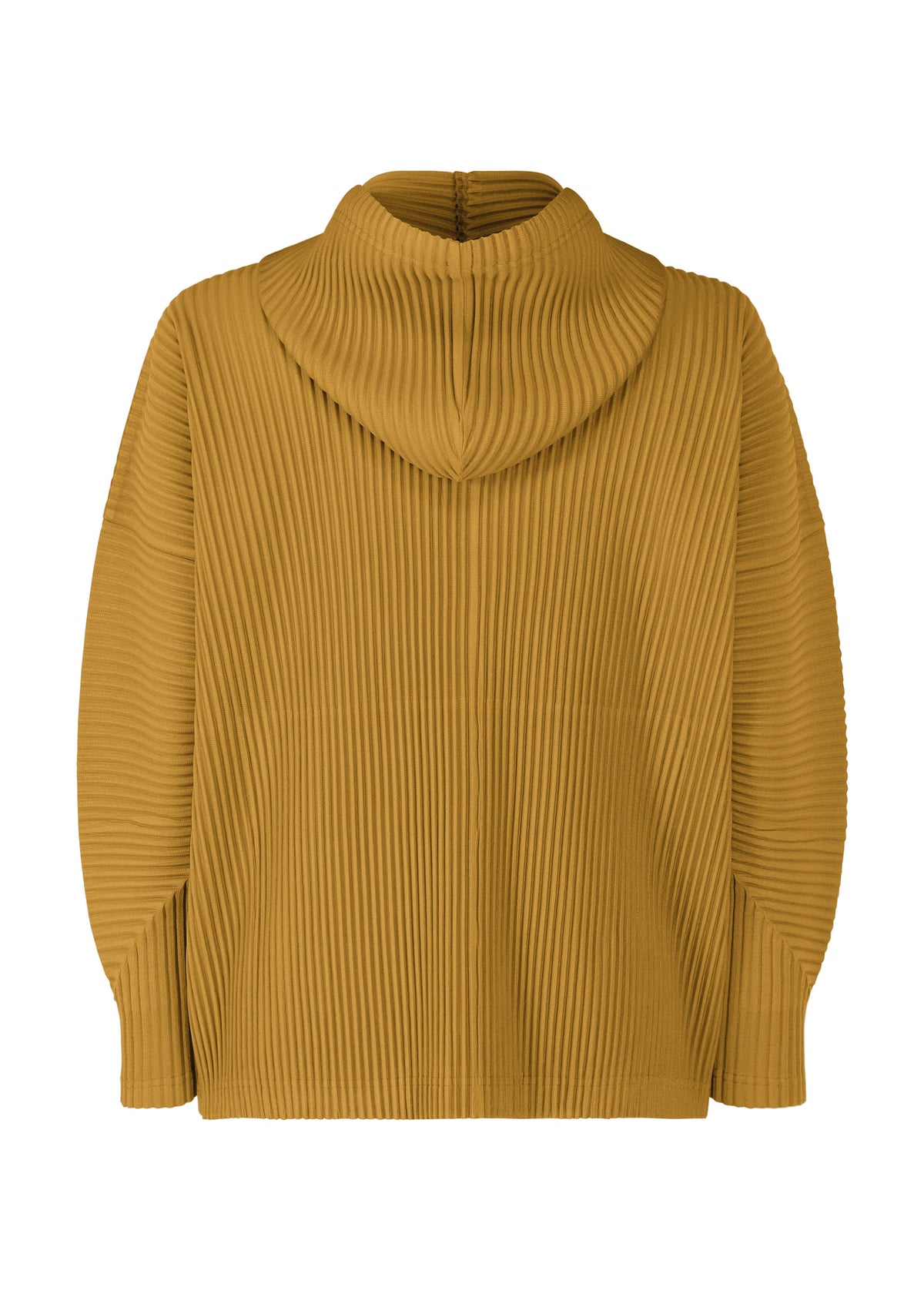 MONTHLY COLORS : OCTOBER by HOMME PLISSÉ ISSEY MIYAKE is a mustard yellow hooded jacket with ribbed texture, long sleeves, and relaxed fit. Shown from the back with structured pleats and hood design. view 4 of 7