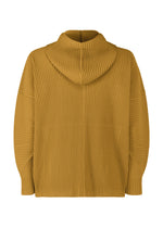 MONTHLY COLORS : OCTOBER by HOMME PLISSÉ ISSEY MIYAKE is a mustard yellow hooded jacket with ribbed texture, long sleeves, and relaxed fit. Shown from the back with structured pleats and hood design.