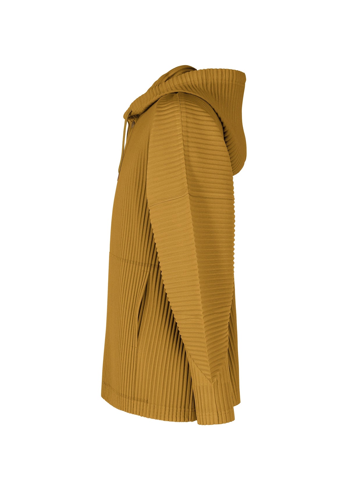Zoomed view Side view of MONTHLY COLORS : OCTOBER by HOMME PLISSÉ ISSEY MIYAKE, a mustard yellow quick-drying polyester hoodie with ribbed texture and long sleeves, shown on a white background—ideal for fall/winter.