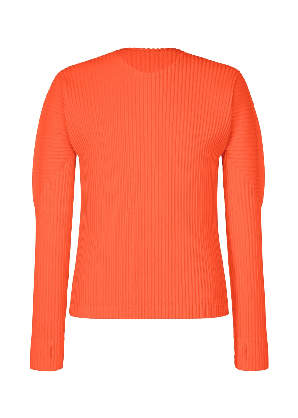The COLOR PLEATS 1 by HOMME PLISSÉ ISSEY MIYAKE is a vibrant orange, sporty long-sleeved top made from quick-drying polyester. It features a crew neckline and ribbed fabric with signature vertical pleats for a textured look. The fitted silhouette is shown against a plain white background. view 1 of 9