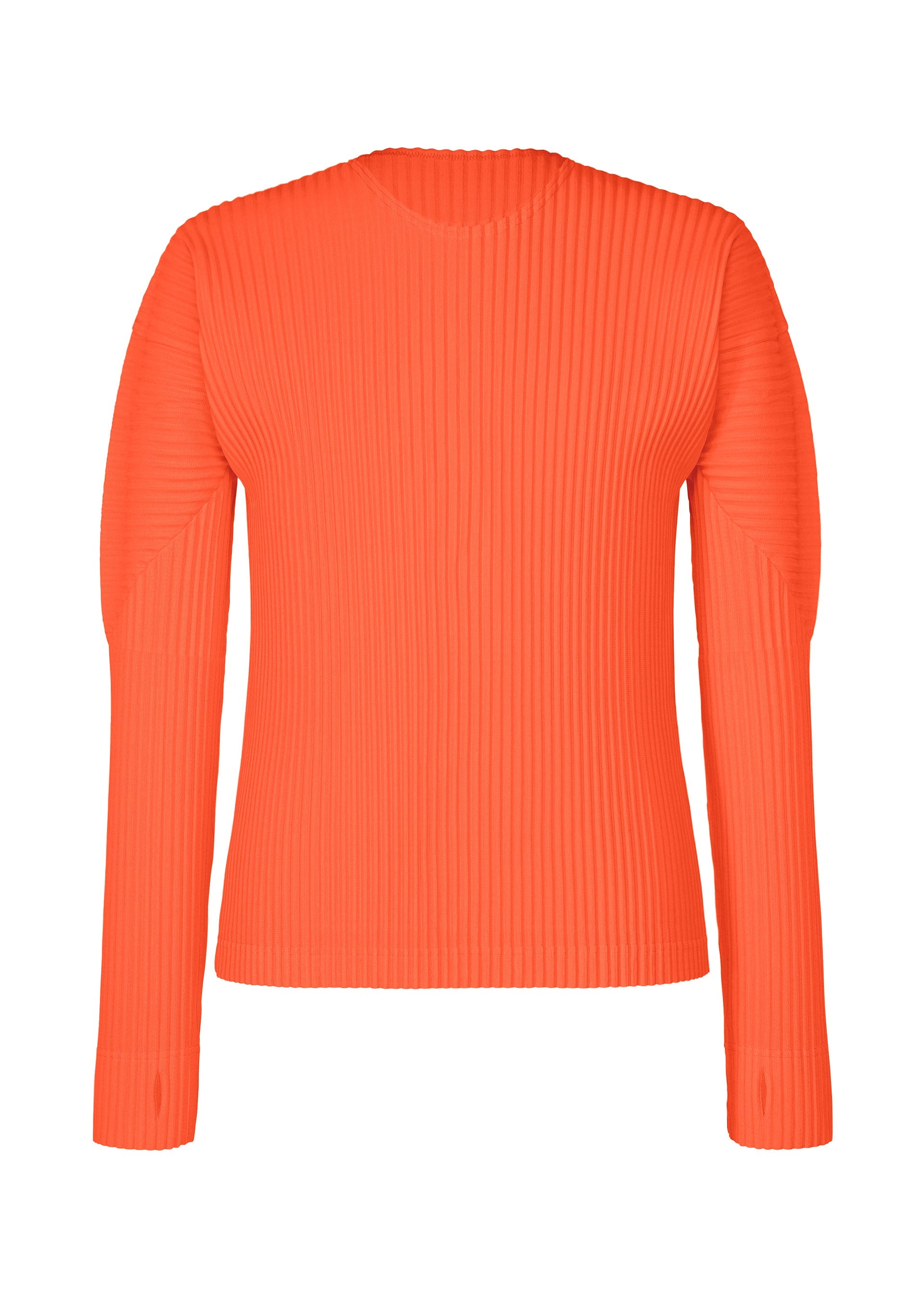 Zoomed view The COLOR PLEATS 1 by HOMME PLISSÉ ISSEY MIYAKE is a vibrant orange, sporty long-sleeved top made from quick-drying polyester. It features a crew neckline and ribbed fabric with signature vertical pleats for a textured look. The fitted silhouette is shown against a plain white background. - FLASH RED （no.25）