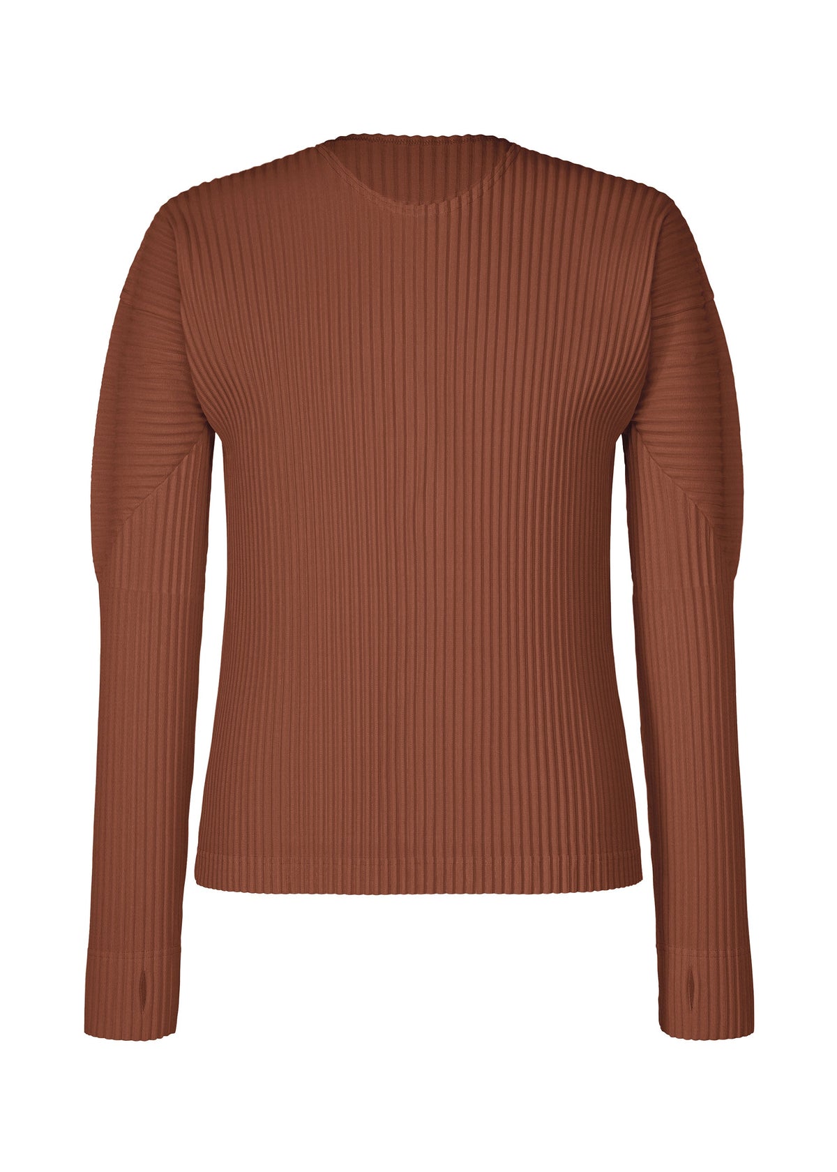 A long-sleeve, ribbed brown sweater from HOMME PLISSÉ ISSEY MIYAKE, named COLOR PLEATS 1, featuring a crew neckline and thumbhole sleeves, shown against a white background. view 2 of 9