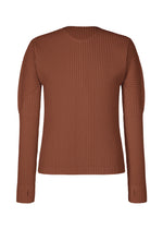A long-sleeve, ribbed brown sweater from HOMME PLISSÉ ISSEY MIYAKE, named COLOR PLEATS 1, featuring a crew neckline and thumbhole sleeves, shown against a white background. - DARKSIDE BROWN （no.45）