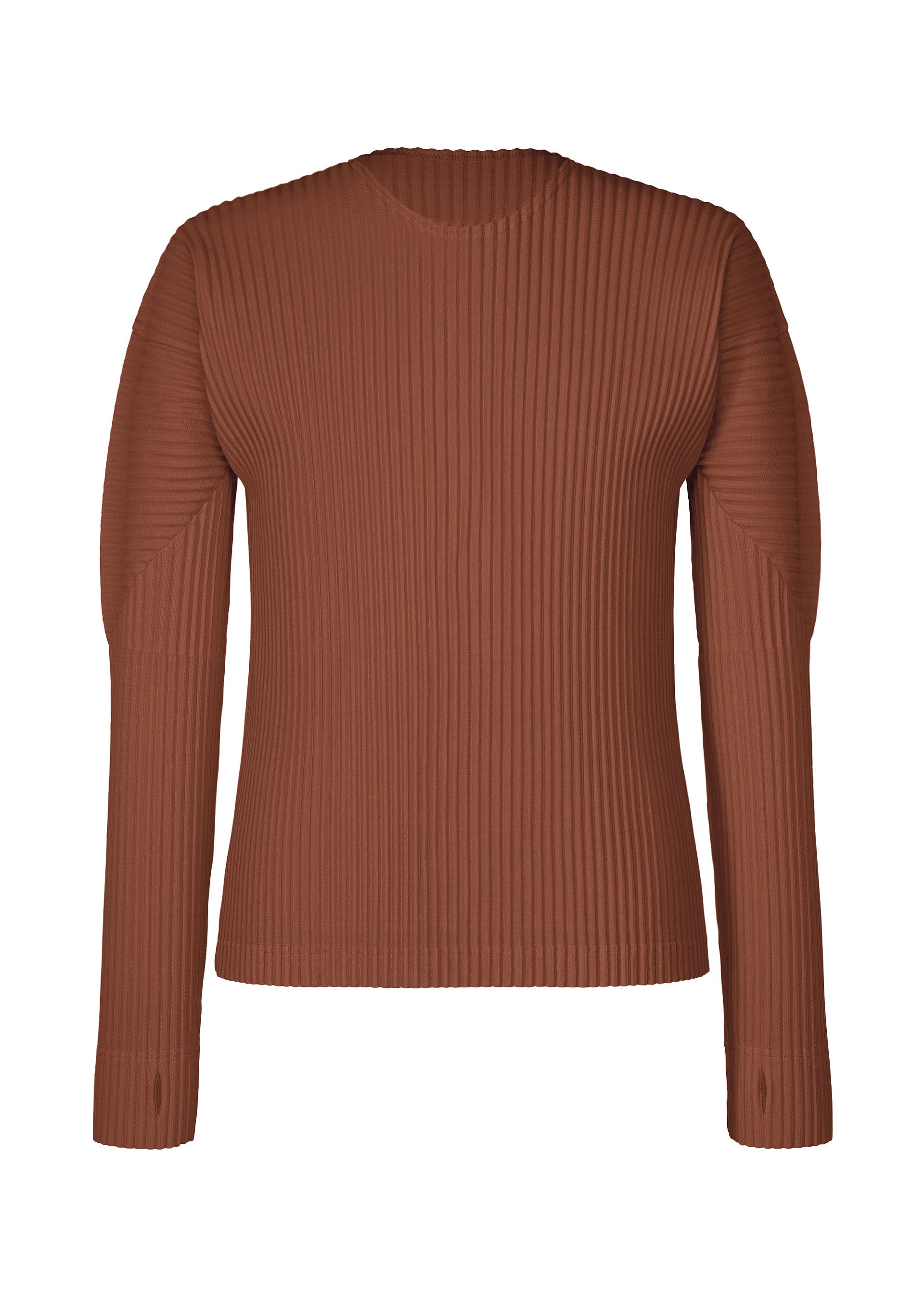 Zoomed view A long-sleeve, ribbed brown sweater from HOMME PLISSÉ ISSEY MIYAKE, named COLOR PLEATS 1, featuring a crew neckline and thumbhole sleeves, shown against a white background. - DARKSIDE BROWN （no.45）
