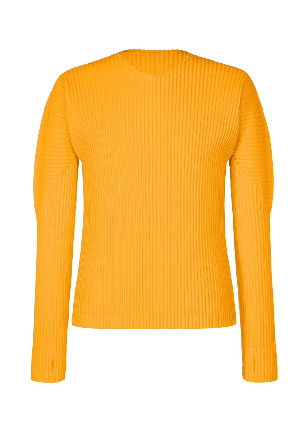 The COLOR PLEATS 1 by HOMME PLISSÉ ISSEY MIYAKE is a vibrant orange long-sleeved top with a sporty, ribbed texture and classic crew neckline, showcased against a plain white backdrop. Made from quick-drying polyester, this stretchy shirt is designed with thumbhole sleeves for enhanced comfort and functionality. view 3 of 9