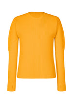 The COLOR PLEATS 1 by HOMME PLISSÉ ISSEY MIYAKE is a vibrant orange long-sleeved top with a sporty, ribbed texture and classic crew neckline, showcased against a plain white backdrop. Made from quick-drying polyester, this stretchy shirt is designed with thumbhole sleeves for enhanced comfort and functionality. - RAY YELLOW （no.53）