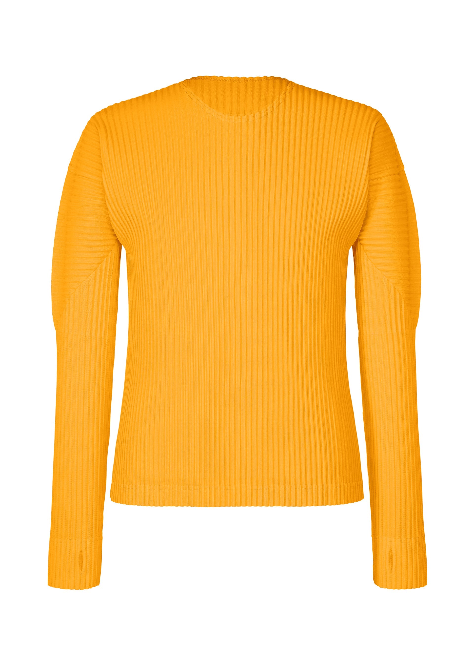 Zoomed view The COLOR PLEATS 1 by HOMME PLISSÉ ISSEY MIYAKE is a vibrant orange long-sleeved top with a sporty, ribbed texture and classic crew neckline, showcased against a plain white backdrop. Made from quick-drying polyester, this stretchy shirt is designed with thumbhole sleeves for enhanced comfort and functionality. - RAY YELLOW （no.53）