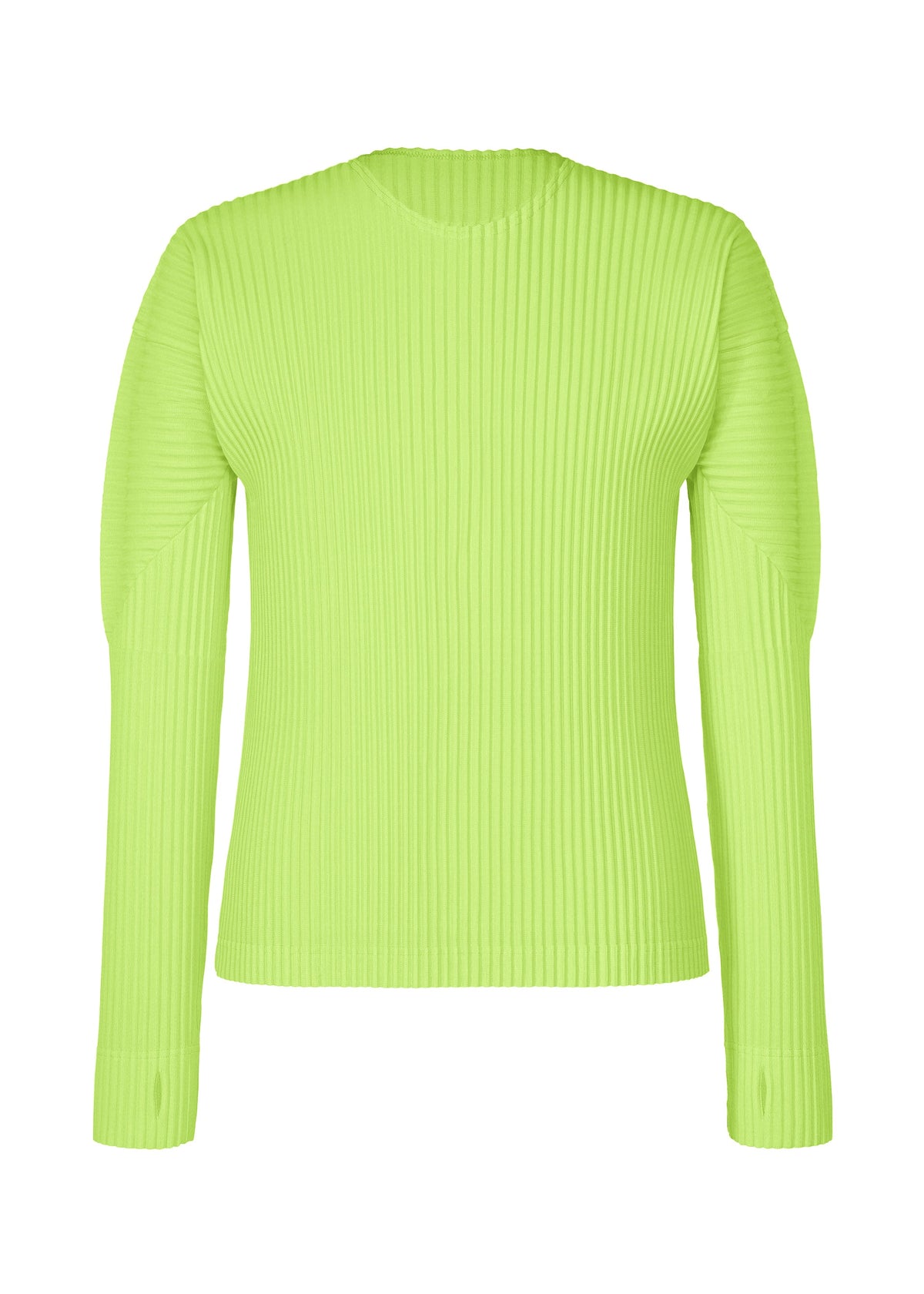 The COLOR PLEATS 1 sweater by HOMME PLISSÉ ISSEY MIYAKE is a vibrant lime green, long-sleeve ribbed knit design featuring a crew neckline and modern thumbhole sleeves, showcased against a plain white background. view 4 of 9
