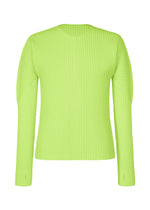 The COLOR PLEATS 1 sweater by HOMME PLISSÉ ISSEY MIYAKE is a vibrant lime green, long-sleeve ribbed knit design featuring a crew neckline and modern thumbhole sleeves, showcased against a plain white background. - BRIGHT GREEN （no.63）