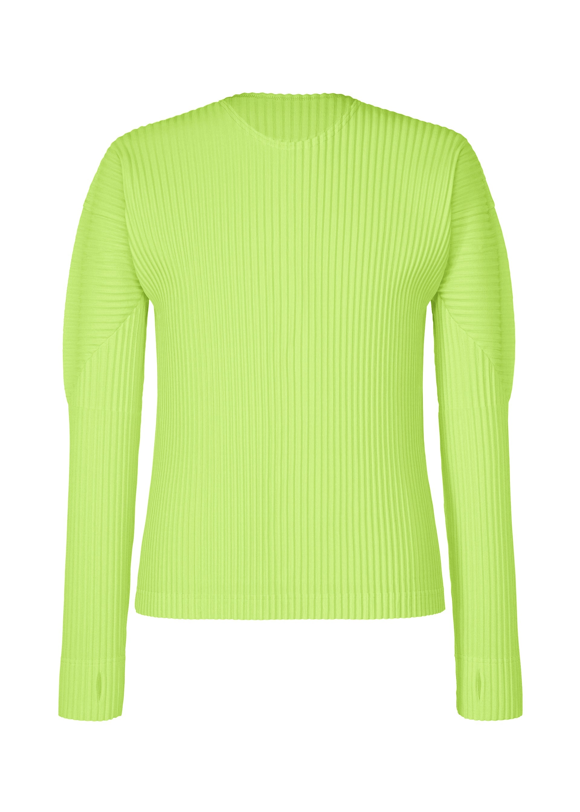 Zoomed view The COLOR PLEATS 1 sweater by HOMME PLISSÉ ISSEY MIYAKE is a vibrant lime green, long-sleeve ribbed knit design featuring a crew neckline and modern thumbhole sleeves, showcased against a plain white background. - BRIGHT GREEN （no.63）