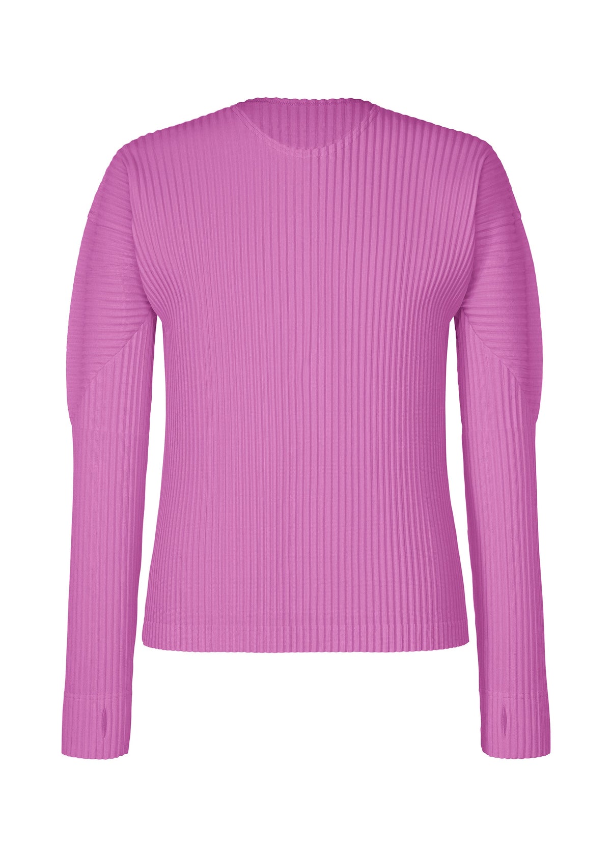 A long-sleeve, ribbed COLOR PLEATS 1 sweater in light purple by HOMME PLISSÉ ISSEY MIYAKE, featuring a crew neck and subtle thumbhole sleeves, displayed on a plain white background. view 5 of 9