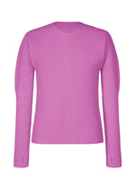 A long-sleeve, ribbed COLOR PLEATS 1 sweater in light purple by HOMME PLISSÉ ISSEY MIYAKE, featuring a crew neck and subtle thumbhole sleeves, displayed on a plain white background. - SHINE PURPLE （no.82）