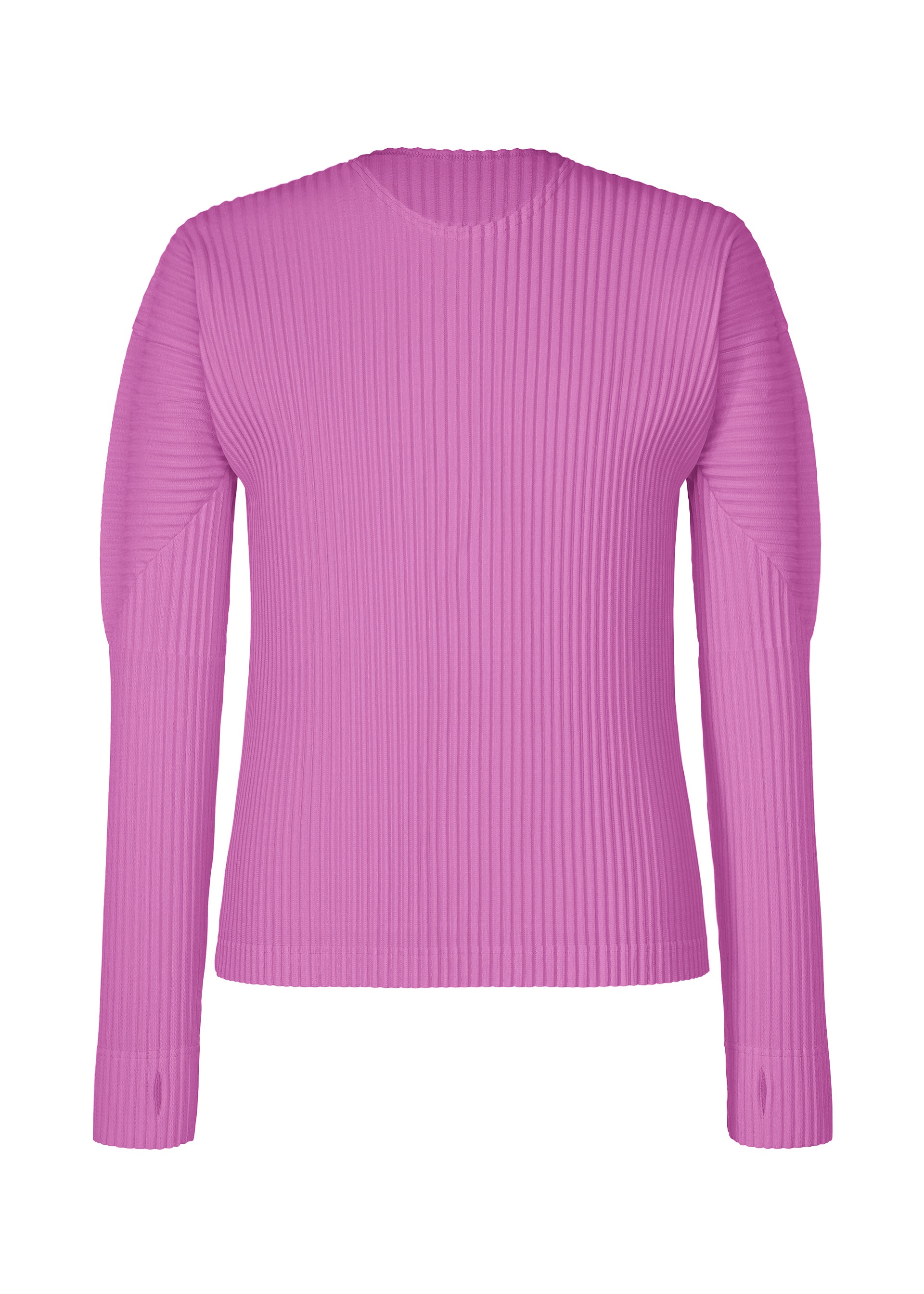 Zoomed view A long-sleeve, ribbed COLOR PLEATS 1 sweater in light purple by HOMME PLISSÉ ISSEY MIYAKE, featuring a crew neck and subtle thumbhole sleeves, displayed on a plain white background. - SHINE PURPLE （no.82）