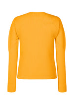 The COLOR PLEATS 1 by HOMME PLISSÉ ISSEY MIYAKE is a bright orange, long-sleeved top shown from the back, highlighting its vertical pleated texture and minimalist design. This sporty piece features thumbhole sleeves for enhanced comfort and practicality.